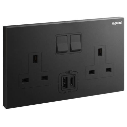282443-CLegrandجاليون مقبس معيار بريطاني ثنائي المجموعة مع شاحنات USB 13A أسود مات