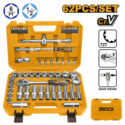 HKTS12602INGCOمجموعة مقابس INGCO 62 قطعة 1/2" بتصميم احترافي 10-32 ملم HKTS12602