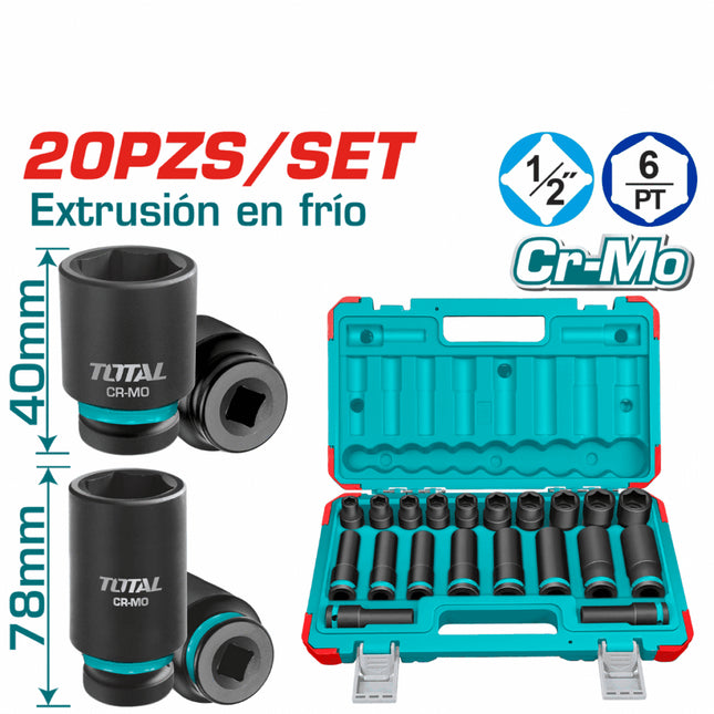 THKISD12203LTotal Toolsمجموعة مقابس التأثير توتال 1/2 بوصة 20 قطعة CR-MO حقيبة