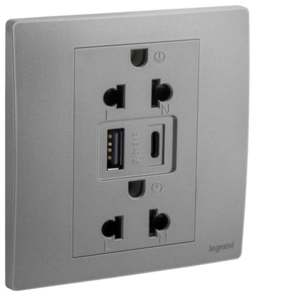 281204DSLegrandمأخذ كهربائي مالليا سينسز بفتحة واحدة يورو/أمريكي 16A شاحن USB فضي داكن