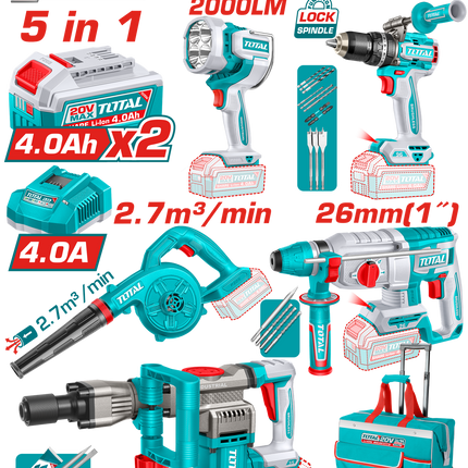 TOSLI251083Total Toolsمجموعة أدوات كهربائية لاسلكية صناعية 5 قطع 20 فولت TOTAL