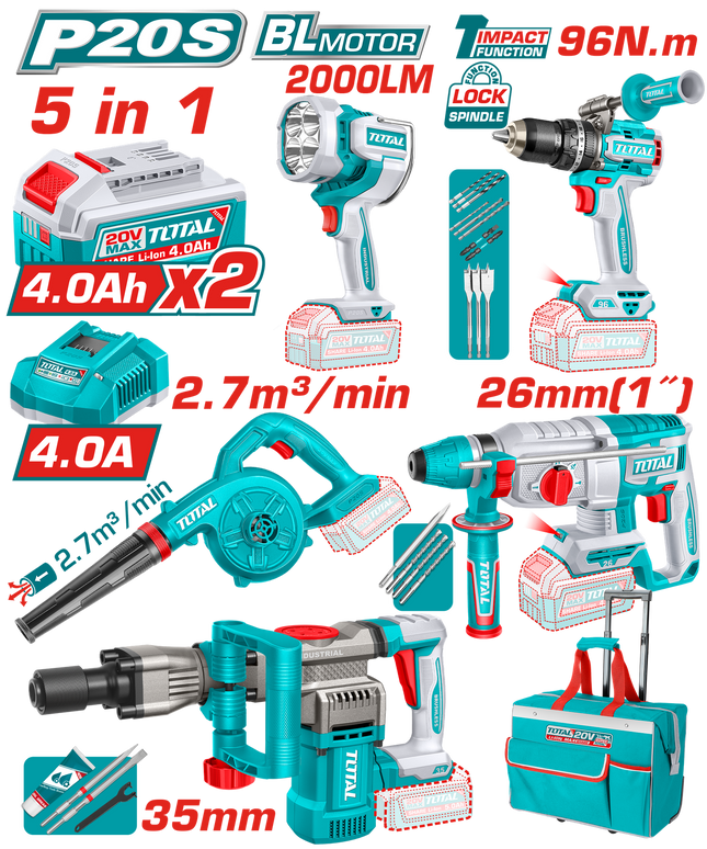 TOSLI251083Total Toolsمجموعة أدوات كهربائية لاسلكية صناعية 5 قطع 20 فولت TOTAL