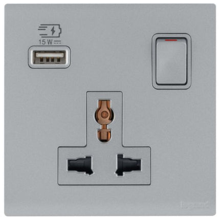 MEC33081SLLegrandمقبس Obria أحادي الفتحة 16A متعدد المعايير مع منفذ USB Type A 15W فضي داكن