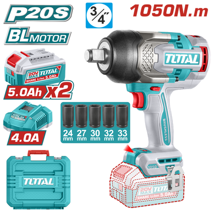 TIWLI20105Total Toolsمفتاح ربط برغي كهربائي TOTAL بدون أسلاك 20 فولت 3/4" بدون فرش 1050 نيوتن متر