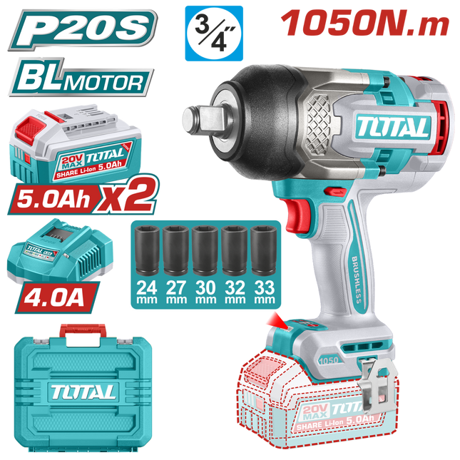 TIWLI20105Total Toolsمفتاح ربط برغي كهربائي TOTAL بدون أسلاك 20 فولت 3/4" بدون فرش 1050 نيوتن متر