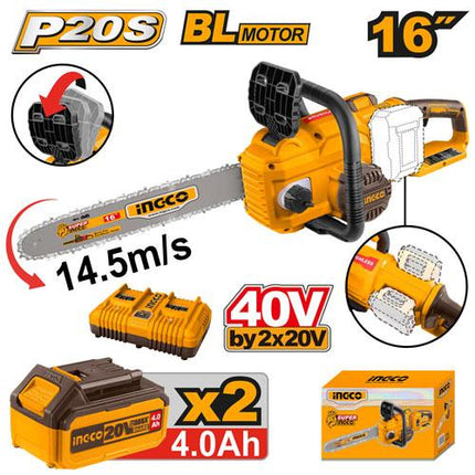 CGSLI401682INGCOمنشار السلسلة اللاسلكي بدون فرش INGCO 40V مع بطاريات مزدوجة