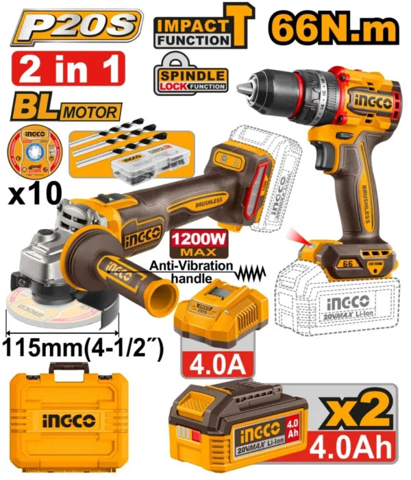 CKLI20256INGCOمجموعة INGCO 20V اللاسلكية 2 قطعة 66N.m مع مثقاب التأثير