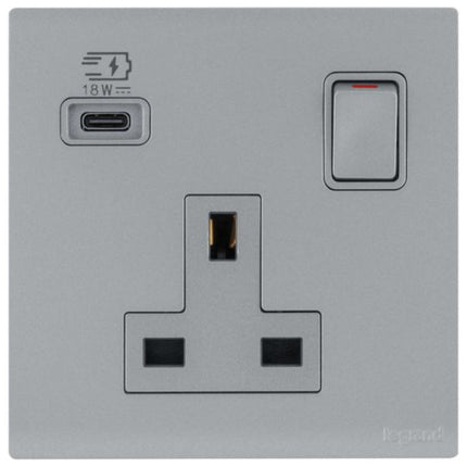 MEC33093SLLegrandأوبريا مقبس واحد BS 13A مع مفتاح USB نوع C 18W فضي داكن
