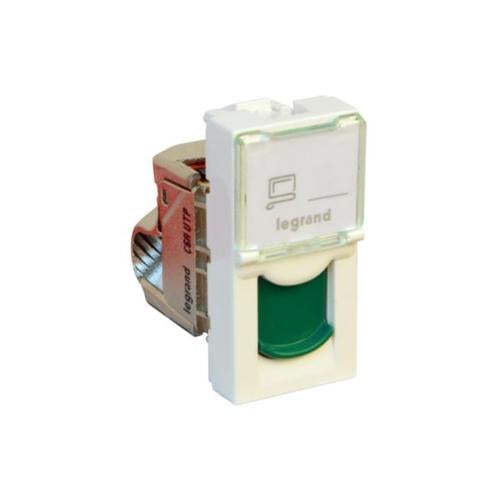 076526Legrandموزاييك - مقبس RJ45 فئة 6A UTP وحدة واحدة أبيض مع مصراع أخضر