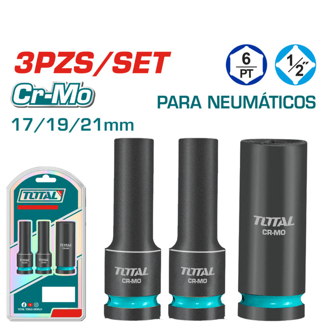 THKISD12042LTotal Toolsمجموعة مقابس التأثير الطويلة TOTAL 3 قطع CR-MO 17/18/21 ملم صناعية