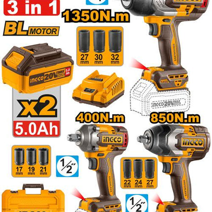 COSLI250386INGCOمجموعة INGCO اللاسلكية 3 قطع كومبو 20 فولت مفك تأثير بدون فرش