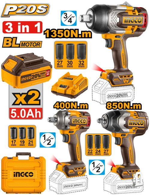 COSLI250386INGCOمجموعة INGCO اللاسلكية 3 قطع كومبو 20 فولت مفك تأثير بدون فرش