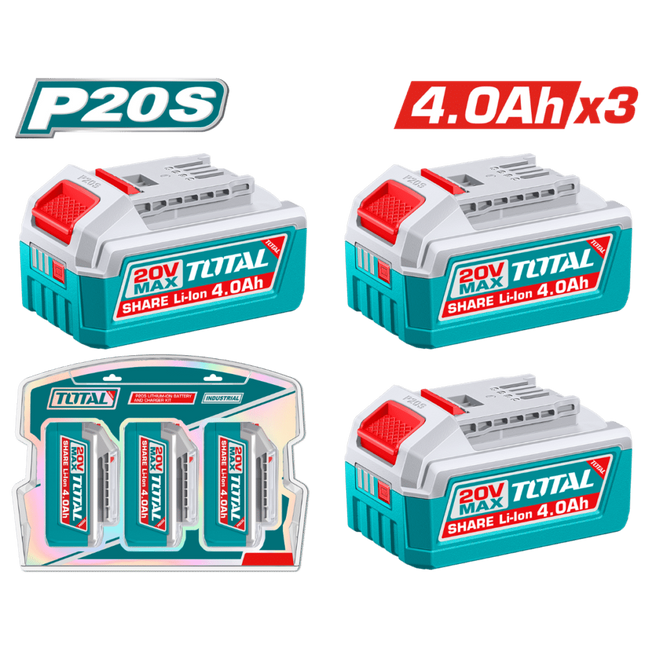 TOSLI251296Total Toolsمجموعة بطاريات توتال 20 فولت 3 قطع 4.0 أمبير ساعة صناعية