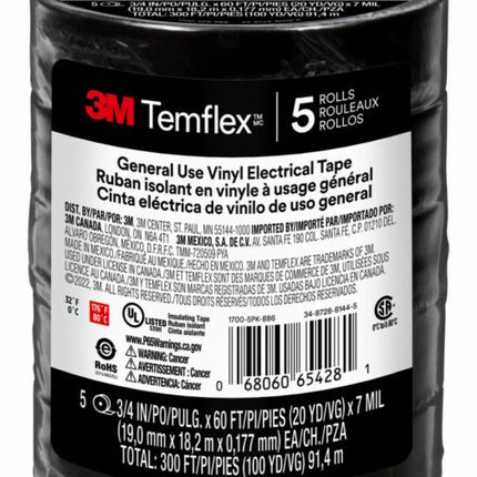 000680606542813Mشريط 3M Temflex 1700 الكهربائي من الفينيل 0.75 × 60 قدم