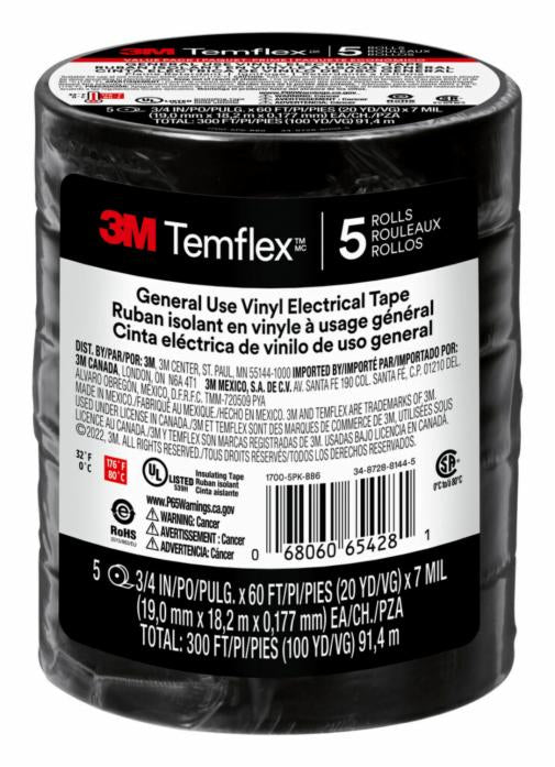 000680606542813Mشريط 3M Temflex 1700 الكهربائي من الفينيل 0.75 × 60 قدم