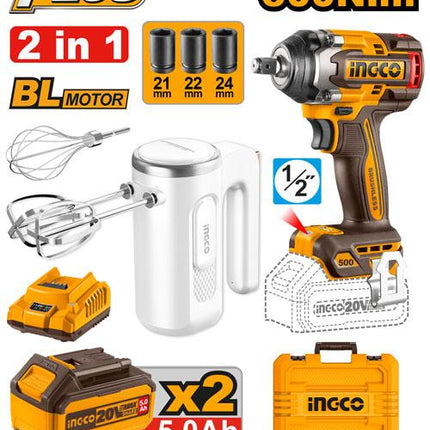 COSLI240787INGCOمجموعة أدوات بلاسلكية INGCO ثنائية الأجزاء 20 فولت مع مفك تأثير وخلاط