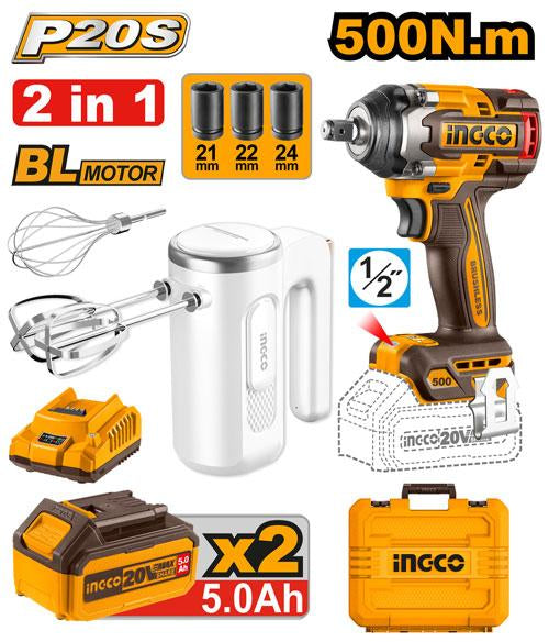 COSLI240787INGCOمجموعة أدوات بلاسلكية INGCO ثنائية الأجزاء 20 فولت مع مفك تأثير وخلاط