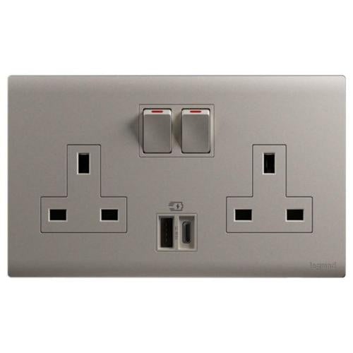 MEC33090CHLegrandأوبريا مقبس تبديل ثنائي BS 13A مع USB A+C 15W ذهبي