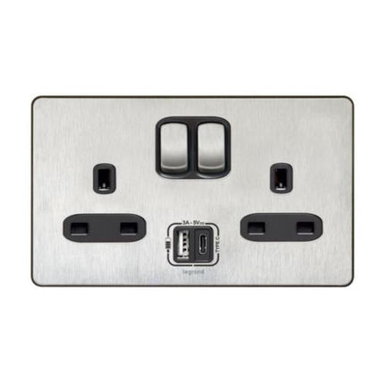 832079Legrandسينرجي سليك مقبس ثنائي بمفتاح 13 أمبير وشواحن USB فولاذ مقاوم للصدأ