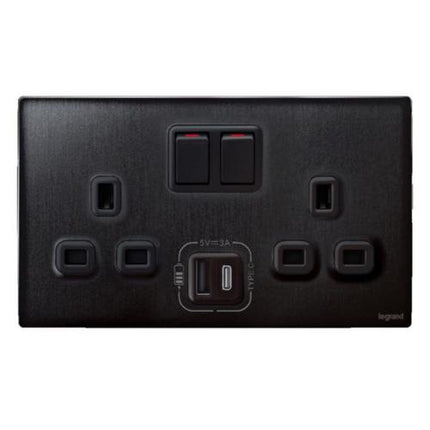 281136BBLegrandمأخذ ملاليا سينسز ثنائي بريطاني معياري USB 13A أسود مصقول