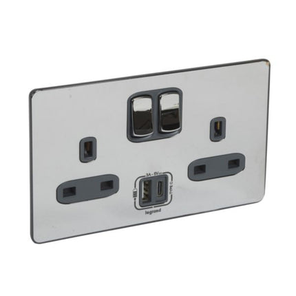 832279Legrandسينرجي سليك - مقبس كهربائي ثنائي مع شاحن USB 13A من الفولاذ المقاوم للصدأ