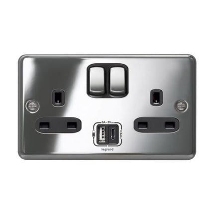 833279Legrandسينرجي أوثنتيك مقبس ثنائي الفتحة مع USB نوع A و C من الفولاذ المقاوم للصدأ