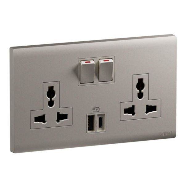 MEC33077CHLegrandمقبس أوبريا ثنائي المجموعة 16A متعدد المعايير مع USB A+C 27W لون شمبانيا