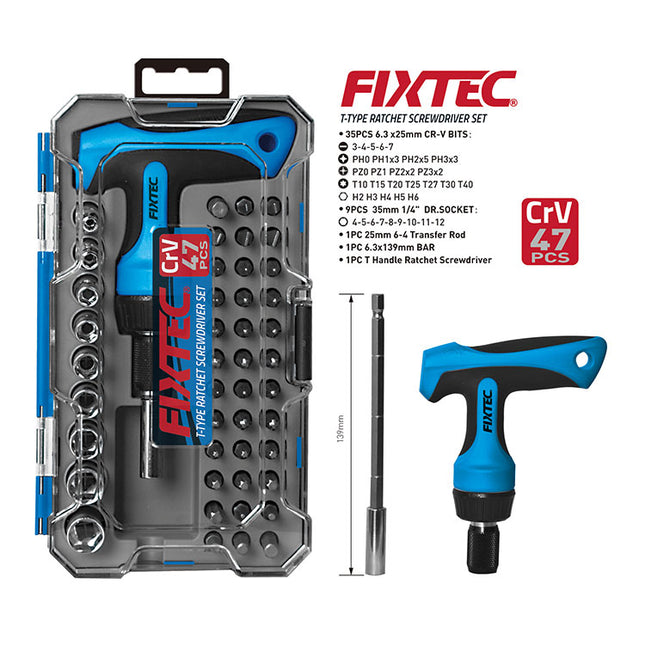 FHSDK47Fixtecمجموعة مفك براغي برافعة 47 قطعة من FIXTEC CR-V FHSDK47