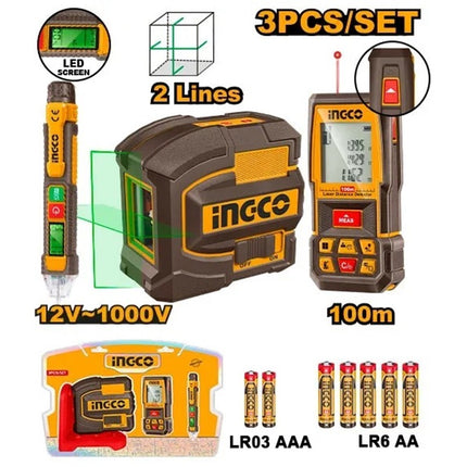COS250908INGCOكومبو INGCO 3 قطع كاشف الجهد + مستوى الليزر + جهاز قياس المسافة 100 متر