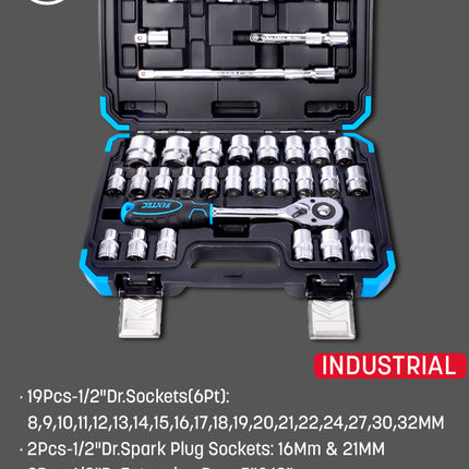 FHST1332Fixtecمجموعة مقابس 1/2 بوصة 32 قطعة أداة ميكانيكي احترافية