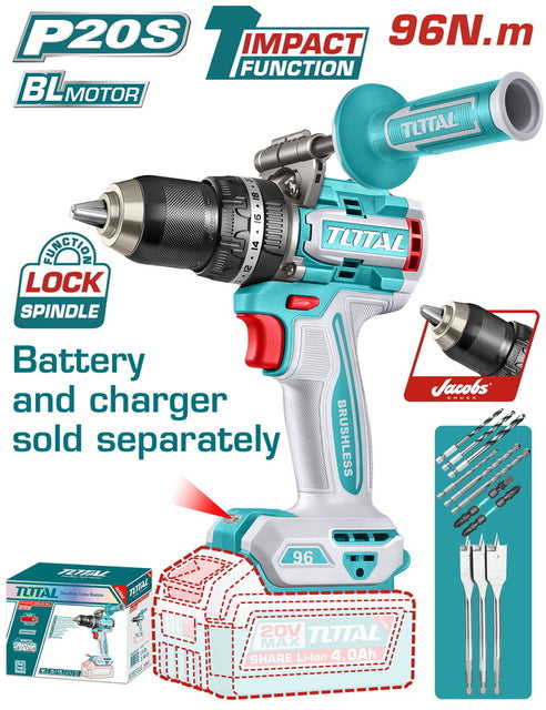 TIDLI209685Total Toolsمثقاب التأثير اللاسلكي بدون فرش TOTAL 20V ليثيوم أيون 96Nm