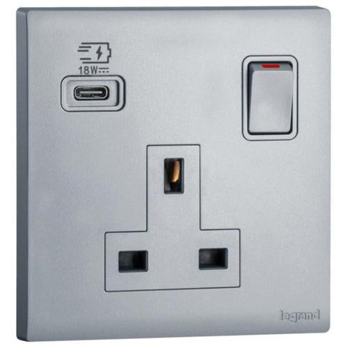 MEC33093SLLegrandأوبريا مقبس واحد BS 13A مع مفتاح USB نوع C 18W فضي داكن