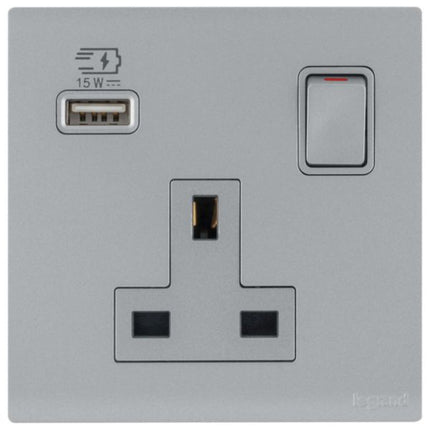MEC33078SLLegrandObria مقبس مفتاح أحادي BS 13A مع USB Type A 15W فضي داكن