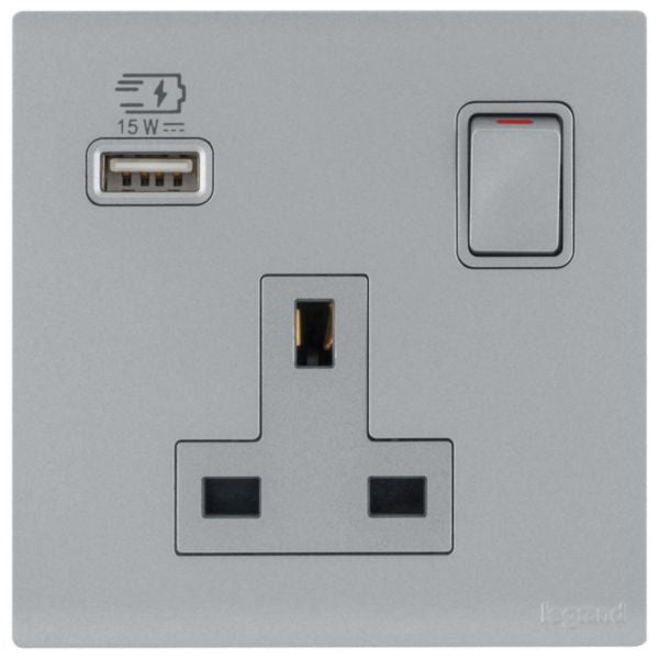 MEC33078SLLegrandObria مقبس مفتاح أحادي BS 13A مع USB Type A 15W فضي داكن