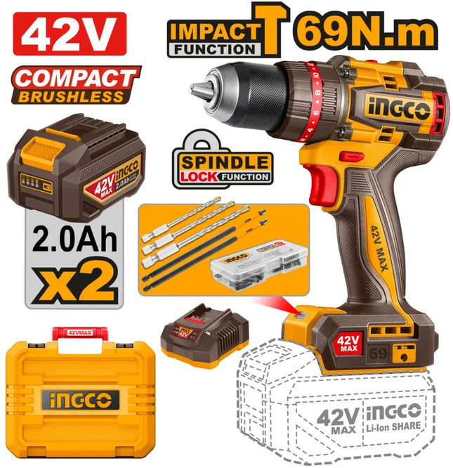 CIDLI426982INGCOمثقاب لاسلكي INGCO CIDLI426982 42V 69Nm مع مفعل صدمات