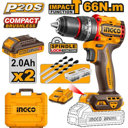 Ingco Compact Brushless Cordless Impact Drill 20V 66Nm Max Torque | CIDLI20668 
