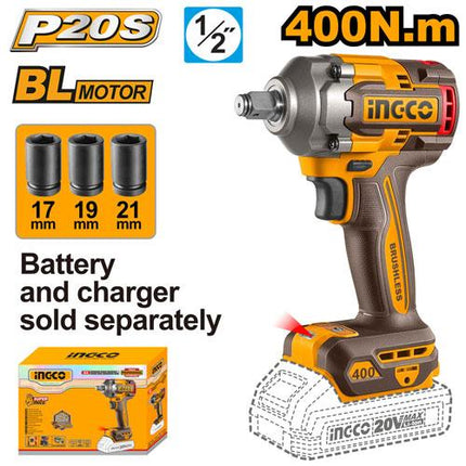 INGCO 20V Brushless Cordless Impact Wrench 400Nm with 3 Pcs Sockets