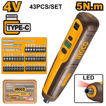 INGCO 4V 5Nm Cordless Screwdriver 43Pcs Set | CSDLI04062