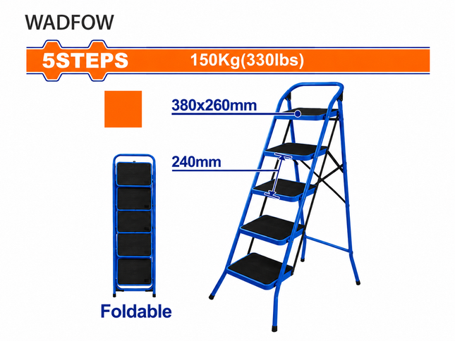 Wadfow 5 Step Wide Steel Ladder Blue | WLD1A05 