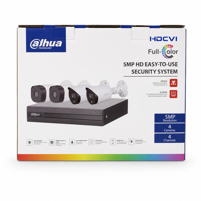 طقم كاميرات مراقبة داهوا HDCVI بدقة 5MP مع 4 كاميرات وجهاز تسجيل 4 قنوات | DH-KIT/XVR1B04H