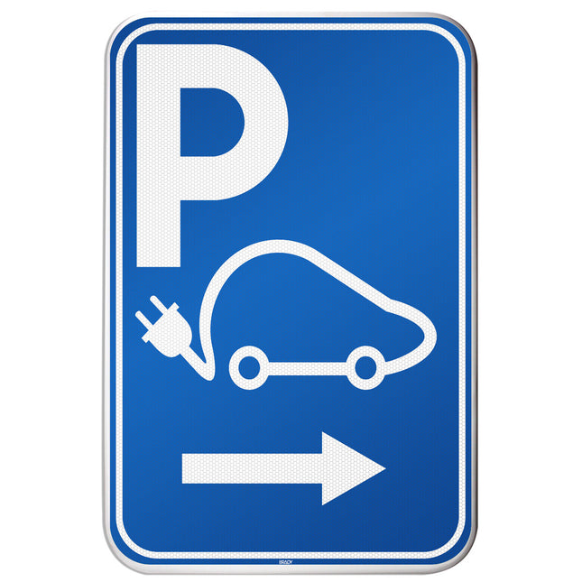 Electrical Vehicle Parking Sign  Parking space reserved for charging your car electrically  Direction right