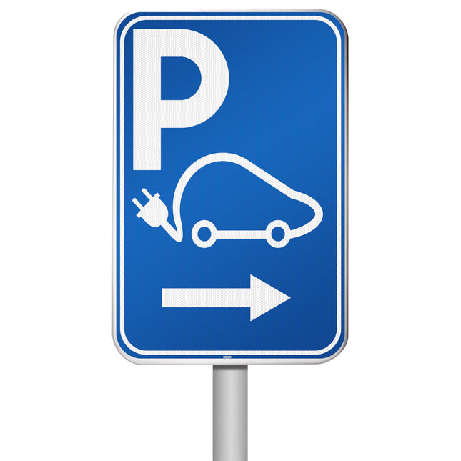 Electrical Vehicle Parking Sign  Parking space reserved for charging your car electrically  Direction right