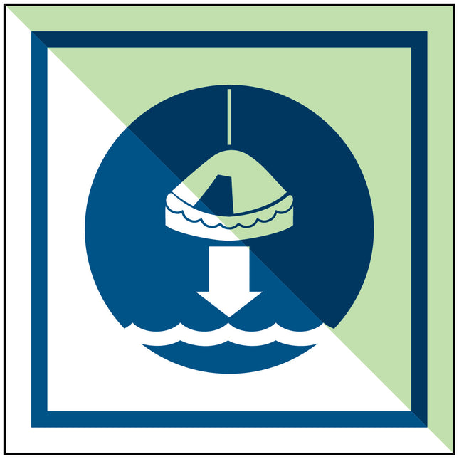 IMO Safety Sign Lower liferaft to the water in launch sequence