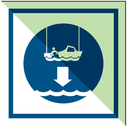 IMO Safety Sign Lower rescue boat to the water in launch sequence
