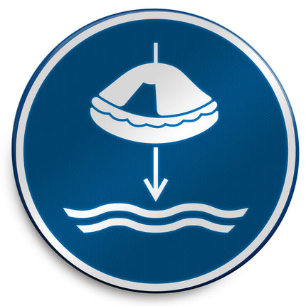 ISO Safety Sign  Lower liferaft to the water in launch sequence