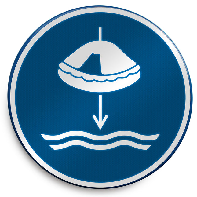 ISO Safety Sign  Lower liferaft to the water in launch sequence