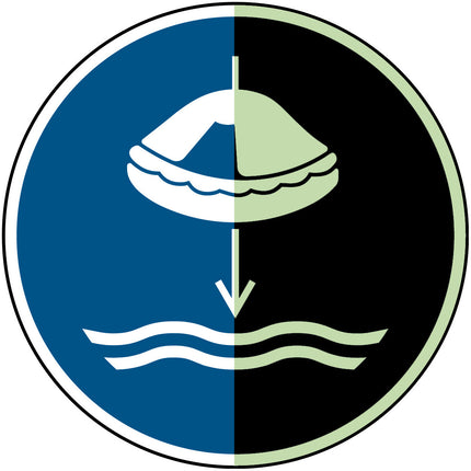 ISO Safety Sign  Lower liferaft to the water in launch sequence
