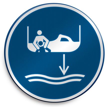 ISO Safety Sign  Lower rescue boat to the water in launch sequence