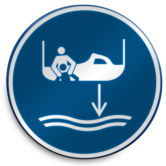 ISO Safety Sign  Lower rescue boat to the water in launch sequence