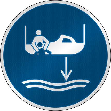 ISO Safety Sign  Lower rescue boat to the water in launch sequence